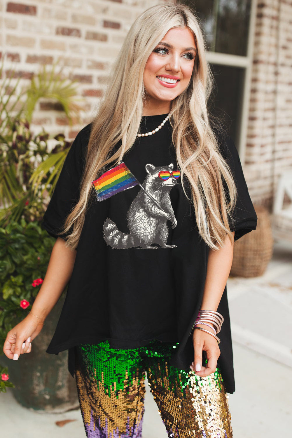 Pride Moon Rainbow Print Loose Half Sleeve High Low Hem T-Shirt