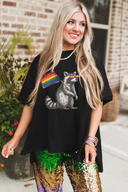 Pride Moon Rainbow Print Loose Half Sleeve High Low Hem T-Shirt