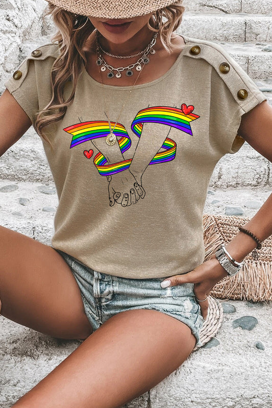 Rainbow Graphic Apricot Pink Button Detail Batwing Sleeve Tee