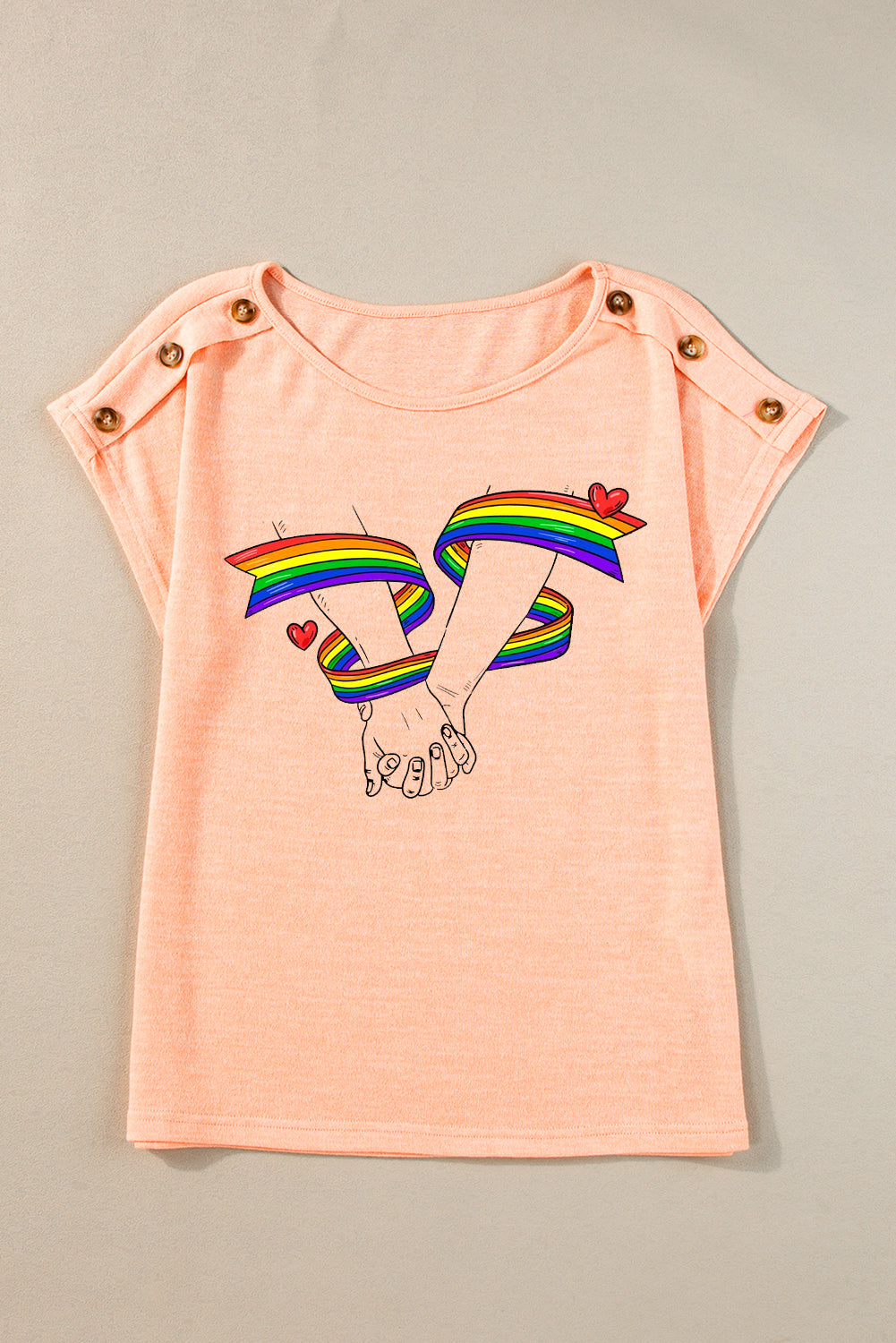 Rainbow Graphic Apricot Pink Button Detail Batwing Sleeve Tee
