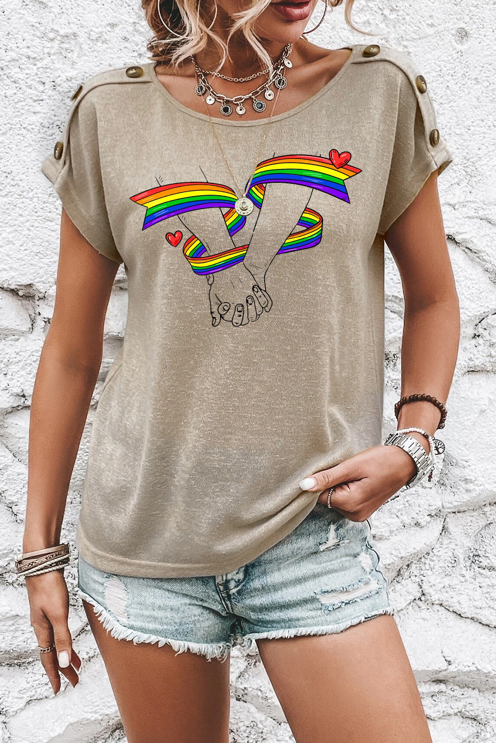 Rainbow Graphic Apricot Pink Button Detail Batwing Sleeve Tee