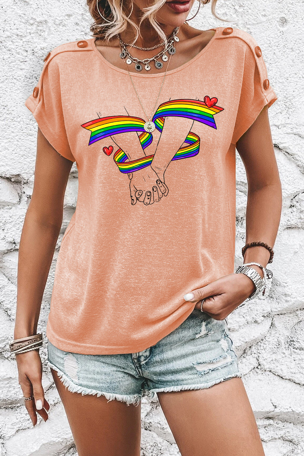Rainbow Graphic Apricot Pink Button Detail Batwing Sleeve Tee