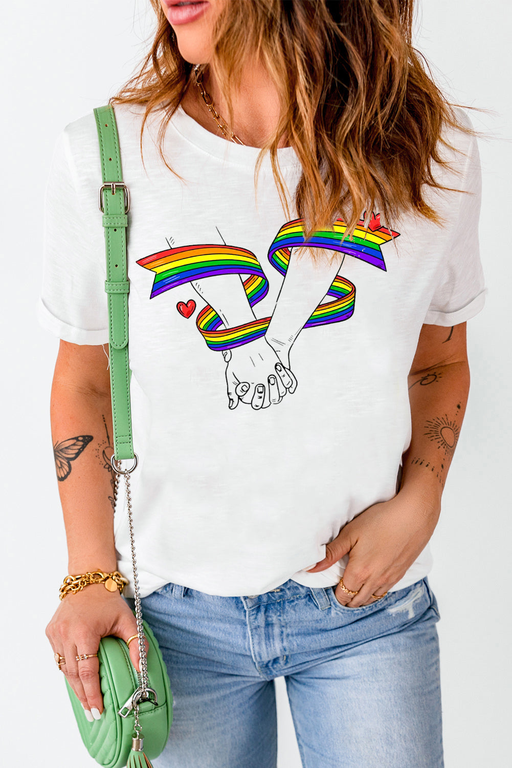 Rainbow Heart Graphic Sachet Pink Short Sleeve Casual Tee