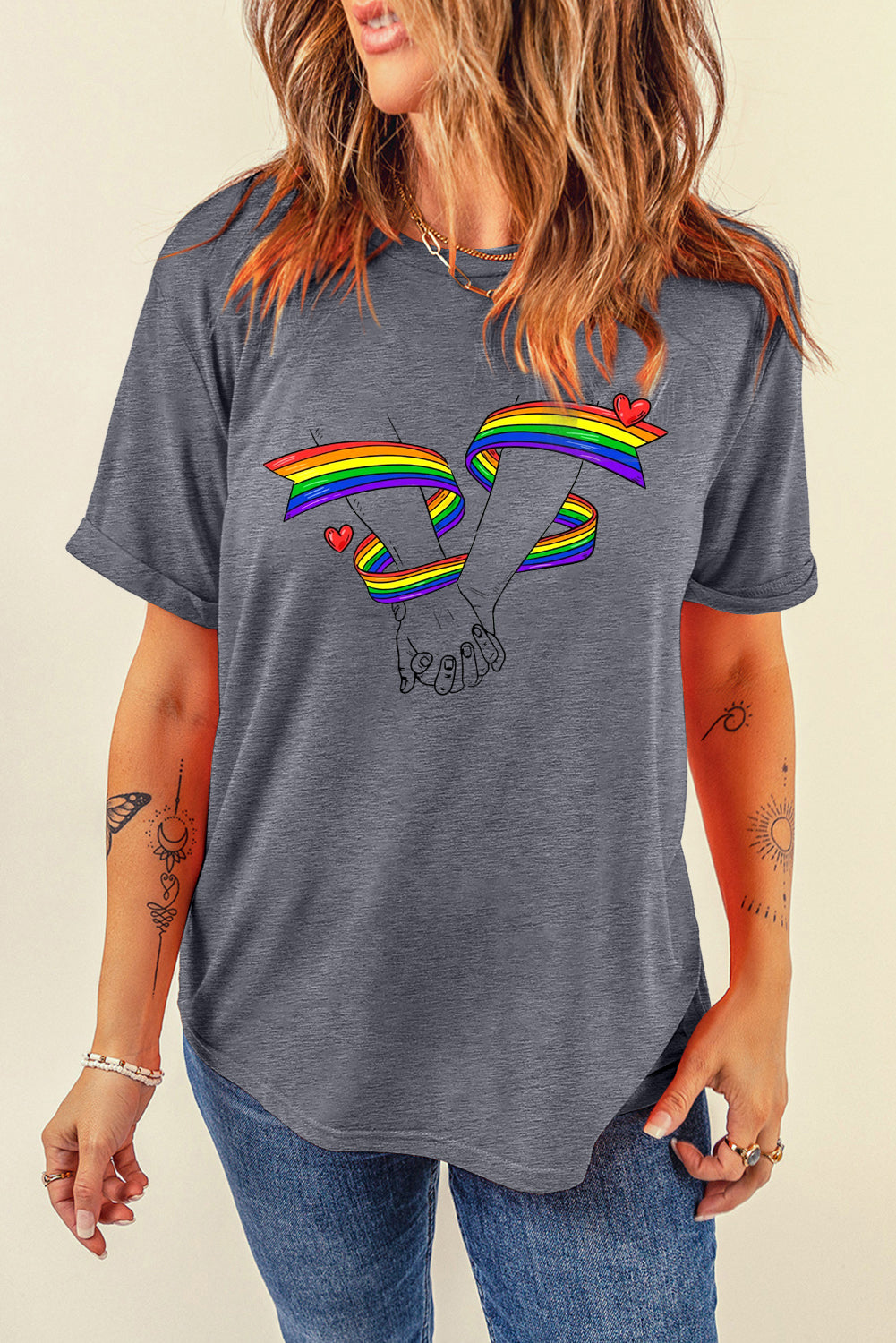 Rainbow Heart Graphic Sachet Pink Short Sleeve Casual Tee