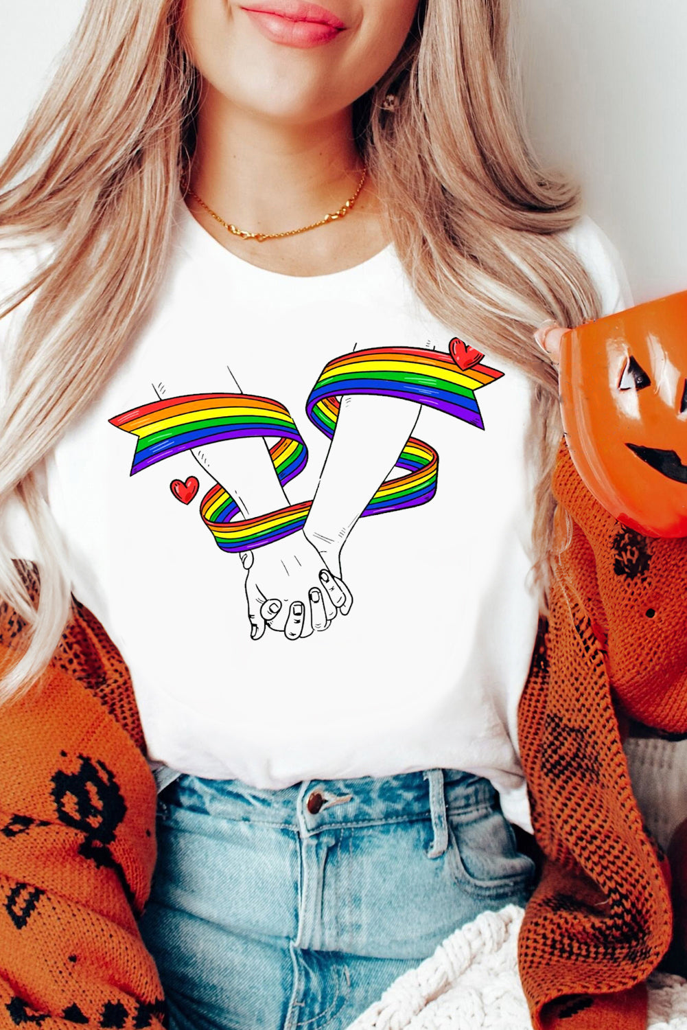 Rainbow Heart Graphic Sachet Pink Short Sleeve Casual Tee