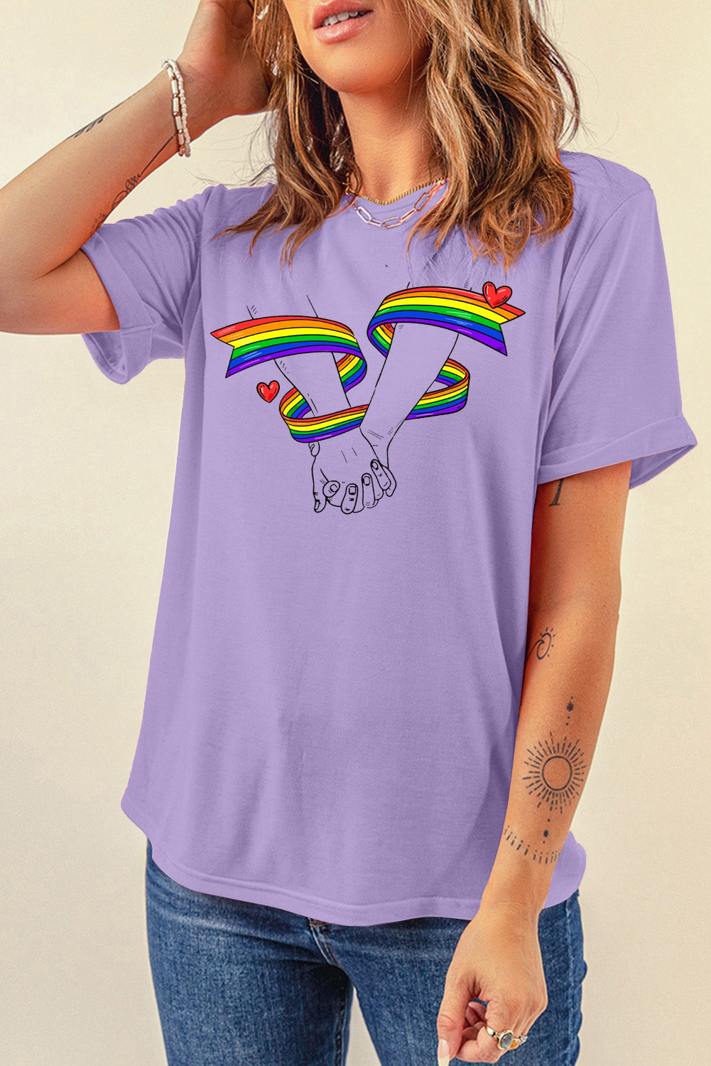 Rainbow Heart Graphic Sachet Pink Short Sleeve Casual Tee