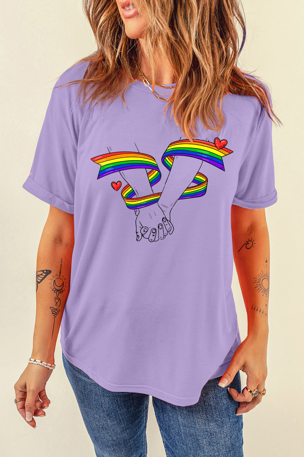 Rainbow Heart Graphic Sachet Pink Short Sleeve Casual Tee