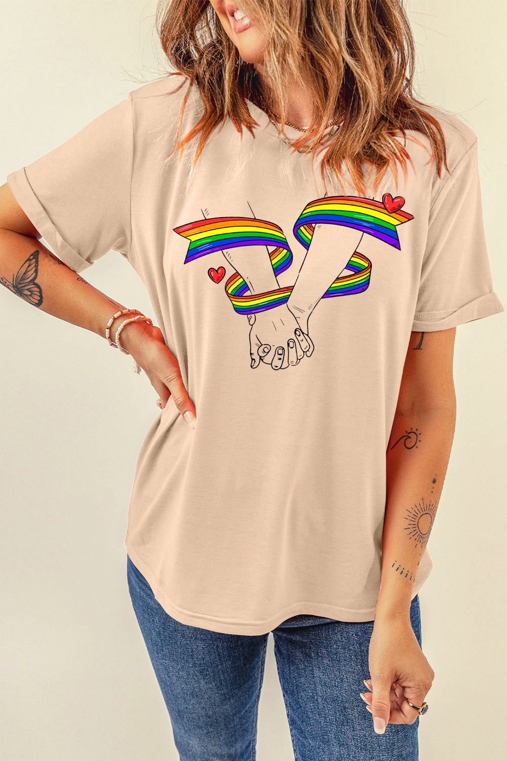 Rainbow Heart Graphic Sachet Pink Short Sleeve Casual Tee