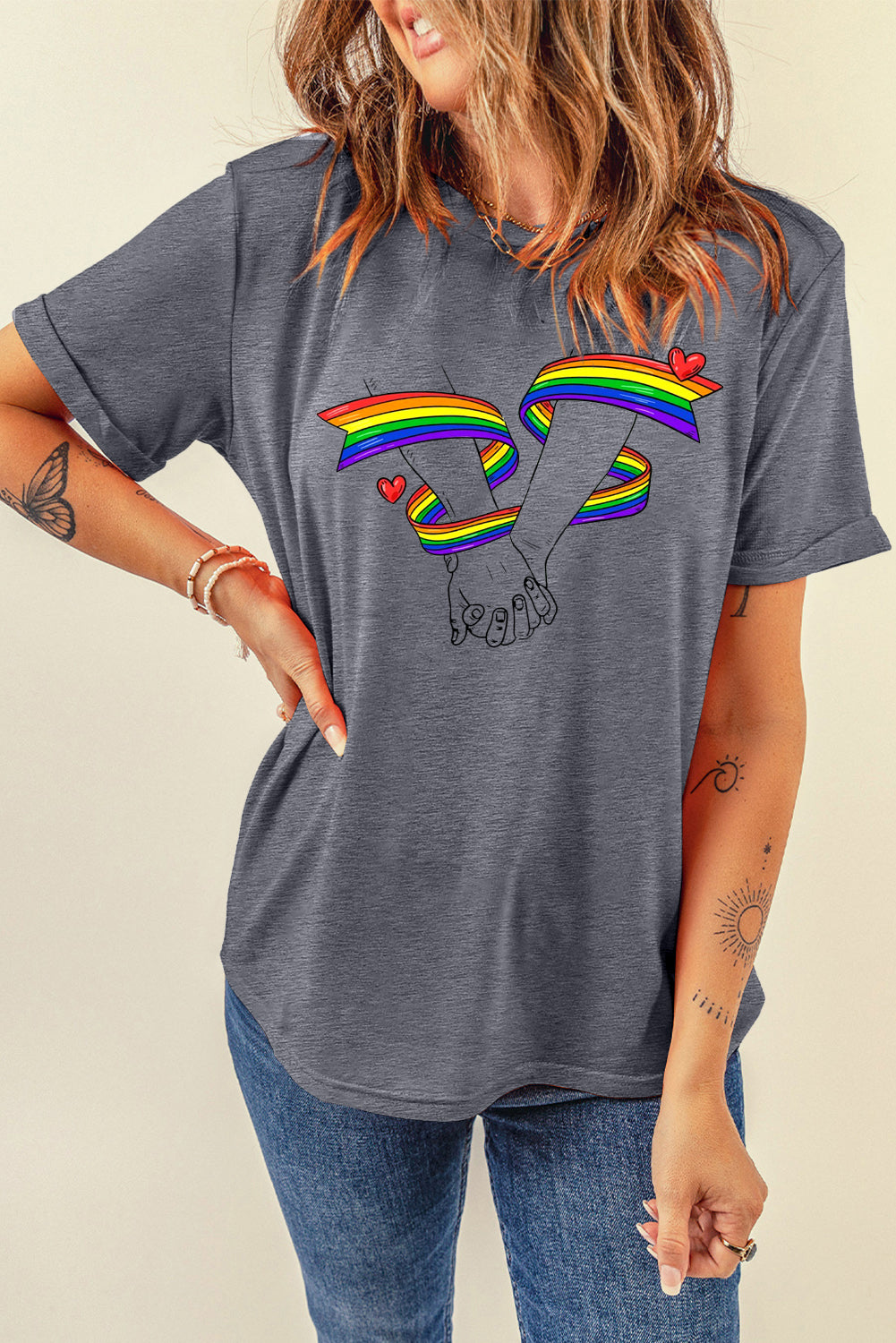 Rainbow Heart Graphic Sachet Pink Short Sleeve Casual Tee