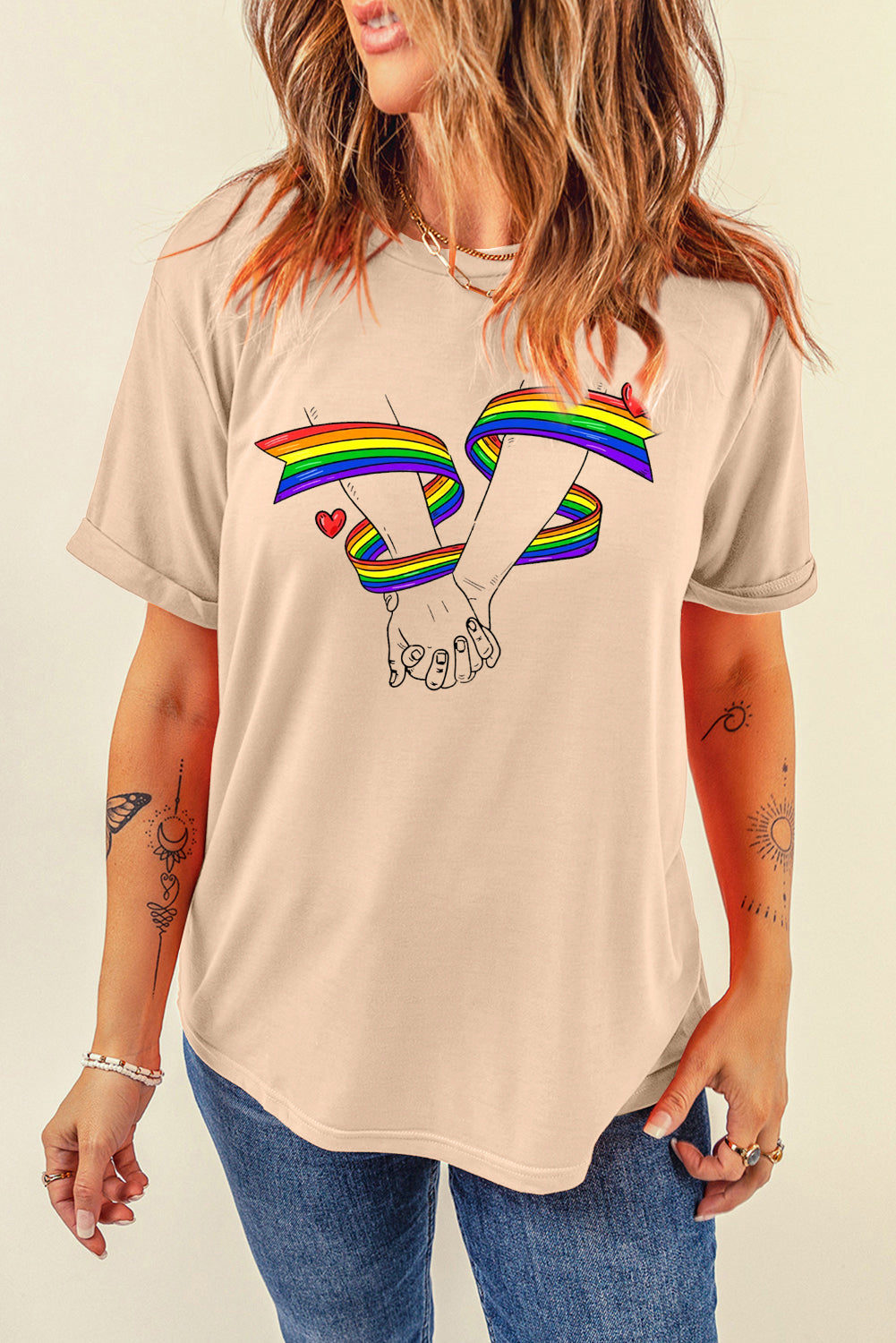 Rainbow Heart Graphic Sachet Pink Short Sleeve Casual Tee