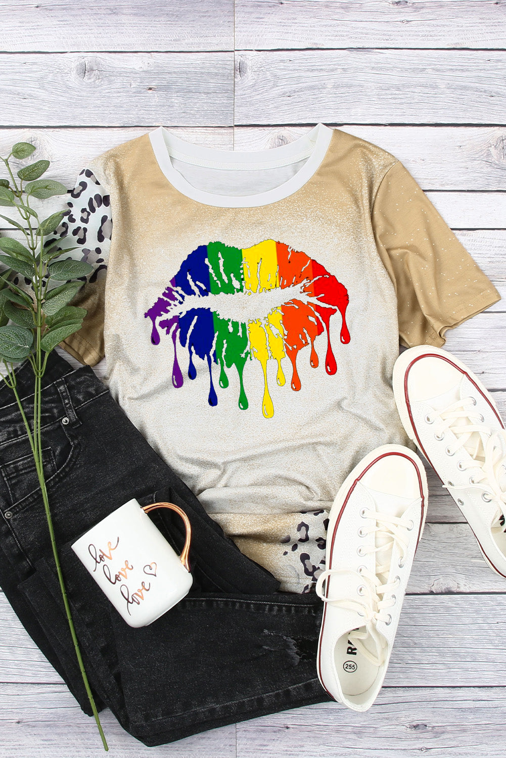 Rainbow Lip Print Bleached Short Sleeve T-Shirt