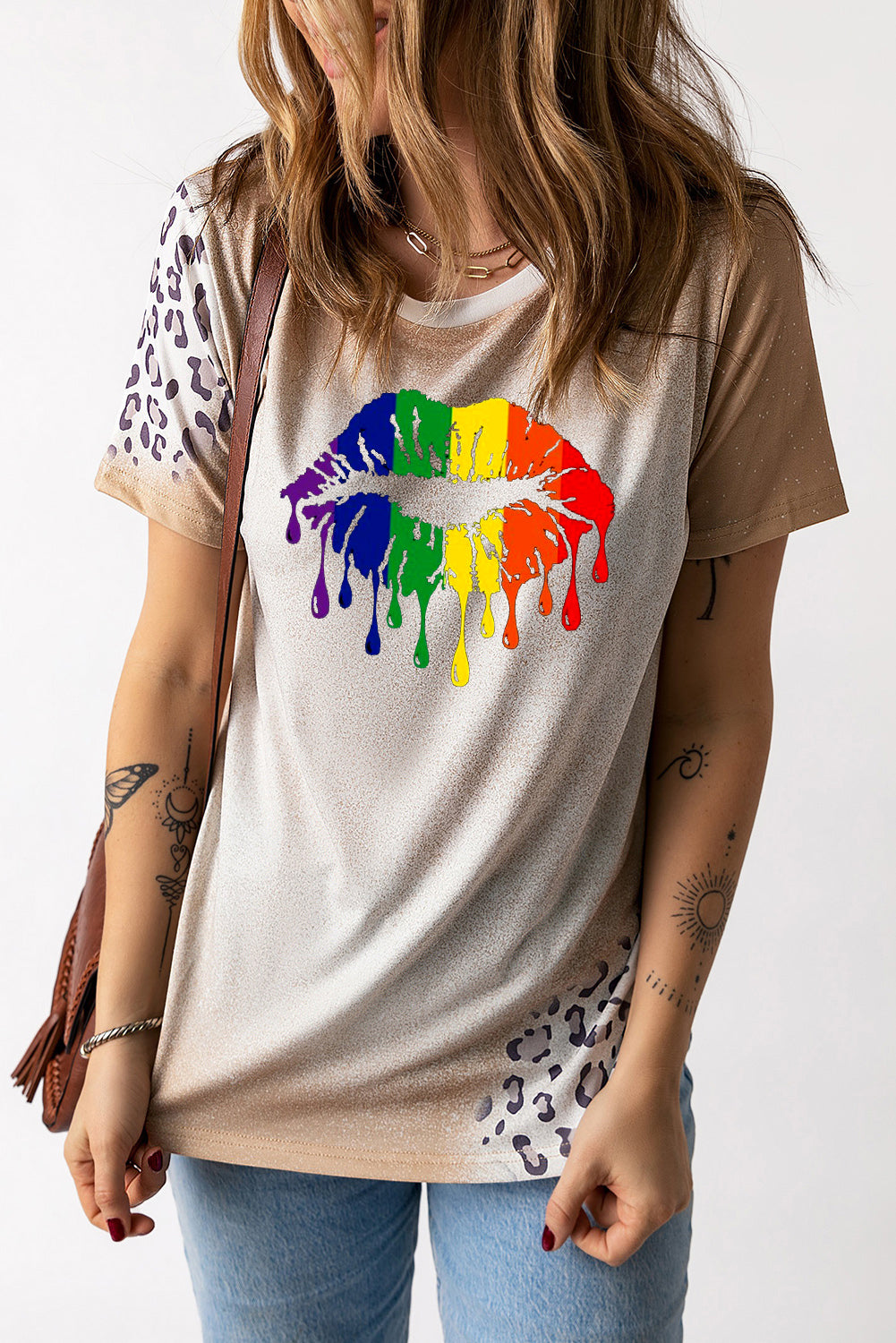 Rainbow Lip Print Bleached Short Sleeve T-Shirt