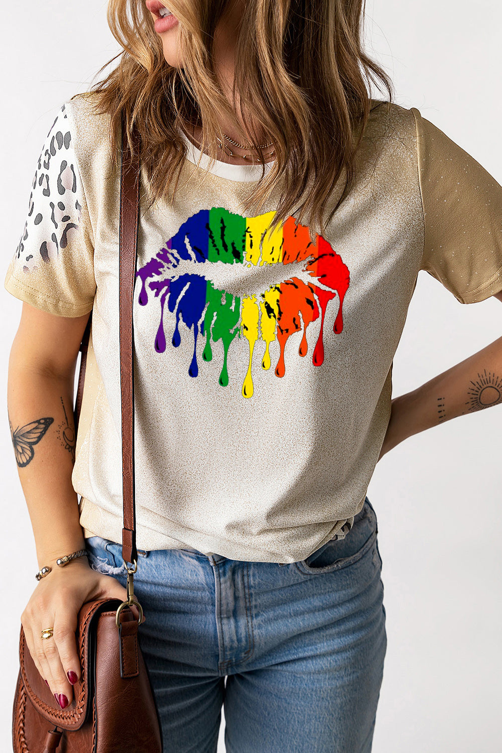 Rainbow Lip Print Bleached Short Sleeve T-Shirt