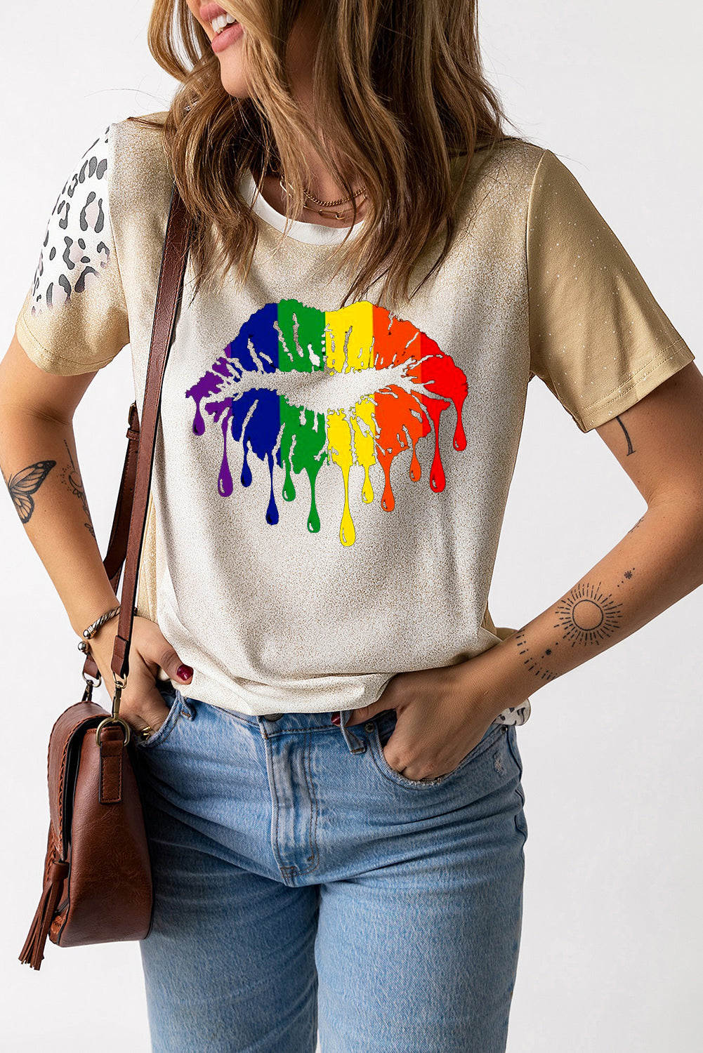 Rainbow Lip Print Bleached Short Sleeve T-Shirt