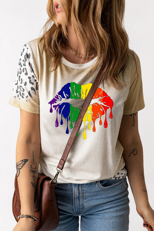 Rainbow Lip Print Bleached Short Sleeve T-Shirt