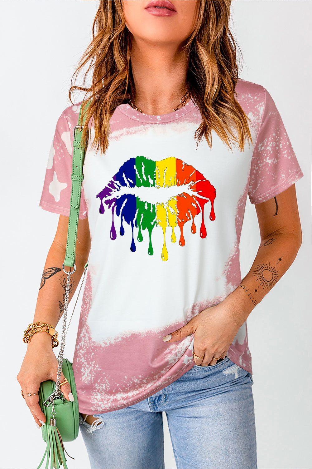 Rainbow Lip Print Tie Dye Short Sleeve T-Shirt