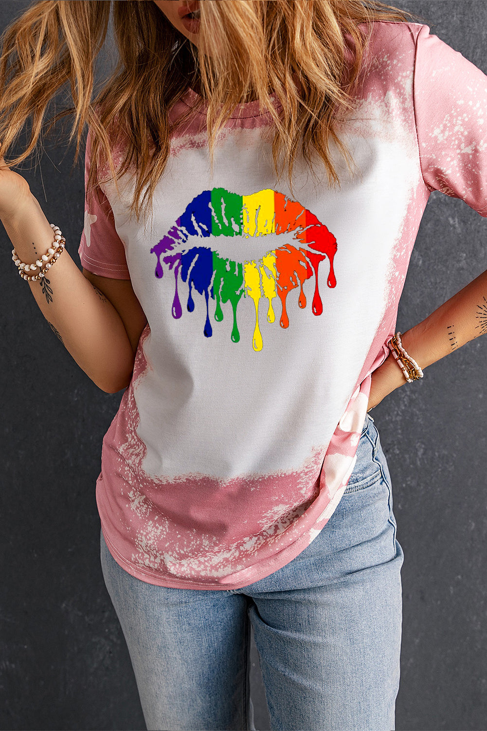 Rainbow Lip Print Tie Dye Short Sleeve T-Shirt