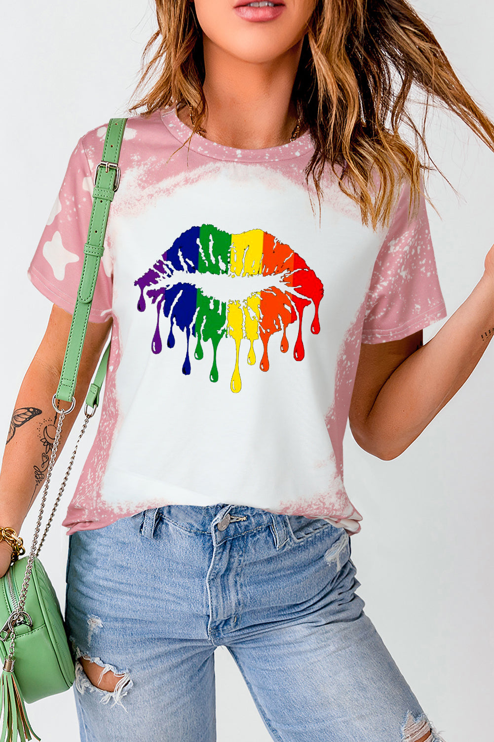 Rainbow Lip Print Tie Dye Short Sleeve T-Shirt