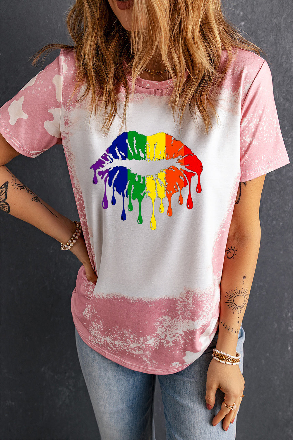 Rainbow Lip Print Tie Dye Short Sleeve T-Shirt