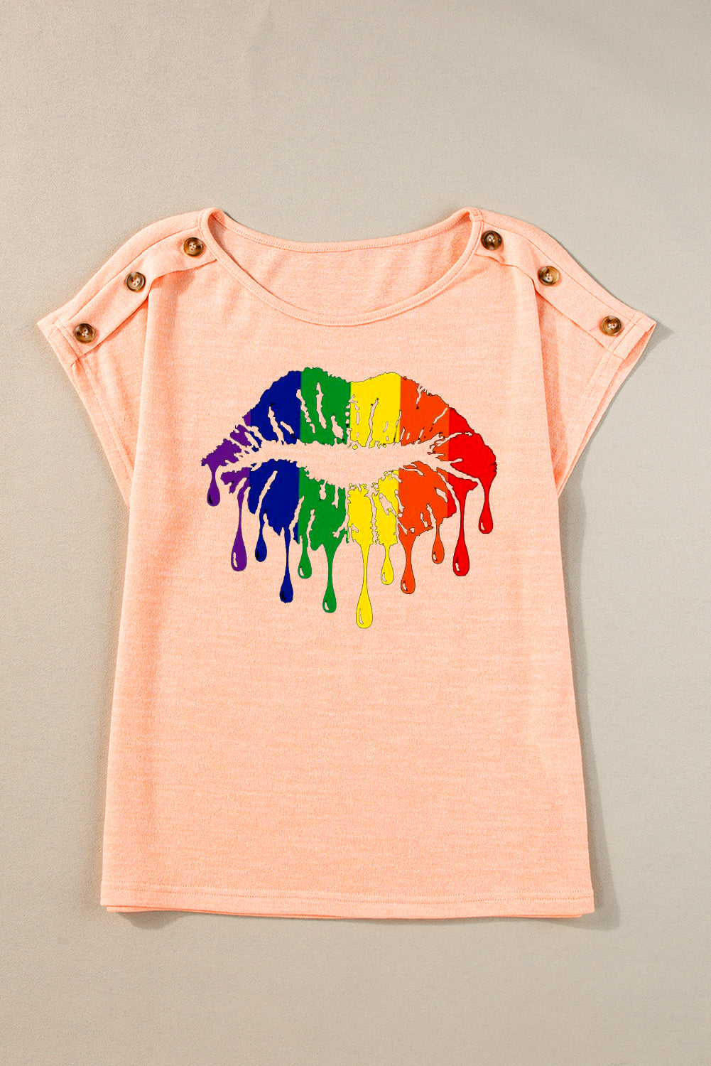 Rainbow Lip Print Button Detail Casual T-Shirt