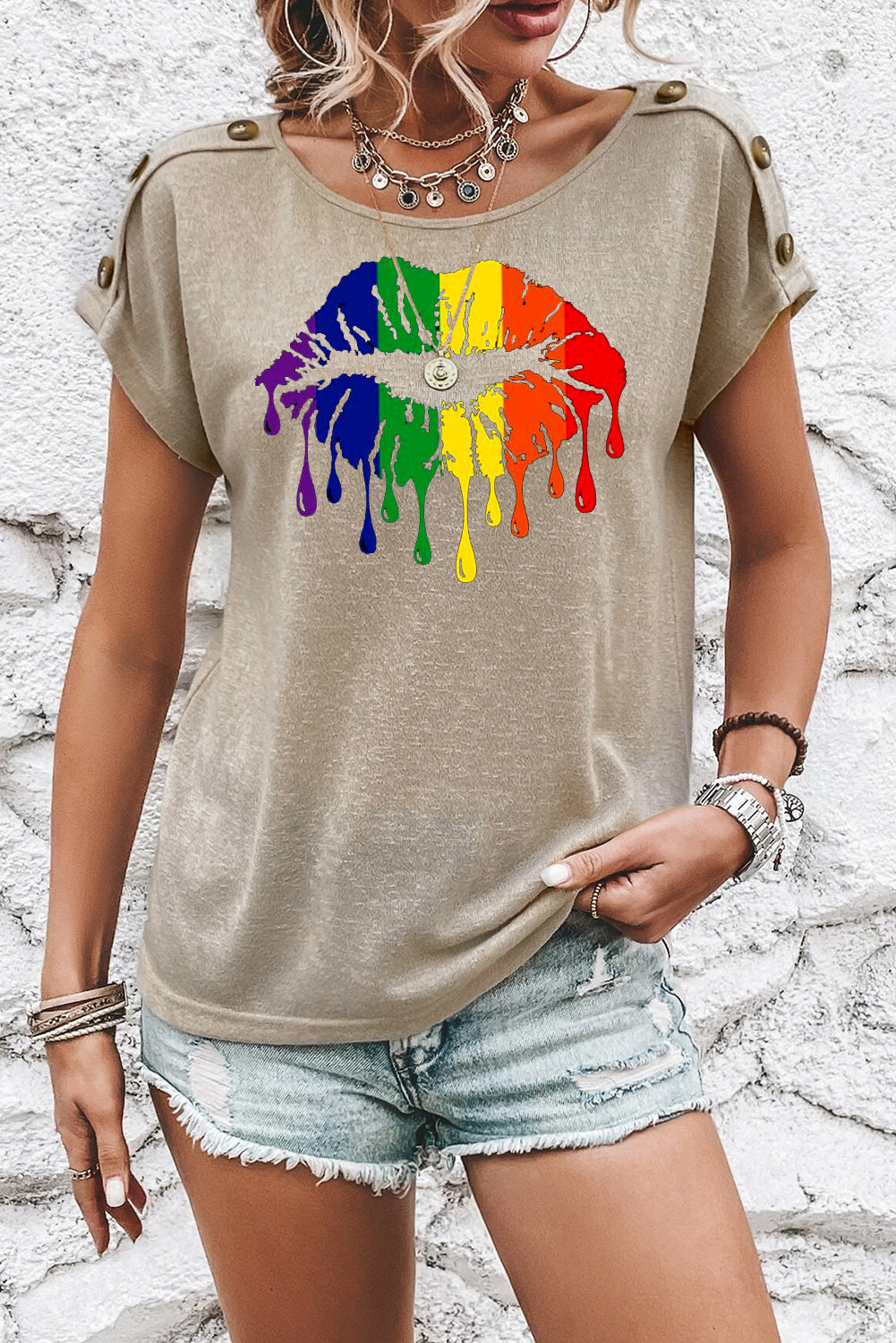 Rainbow Lip Print Button Detail Casual T-Shirt