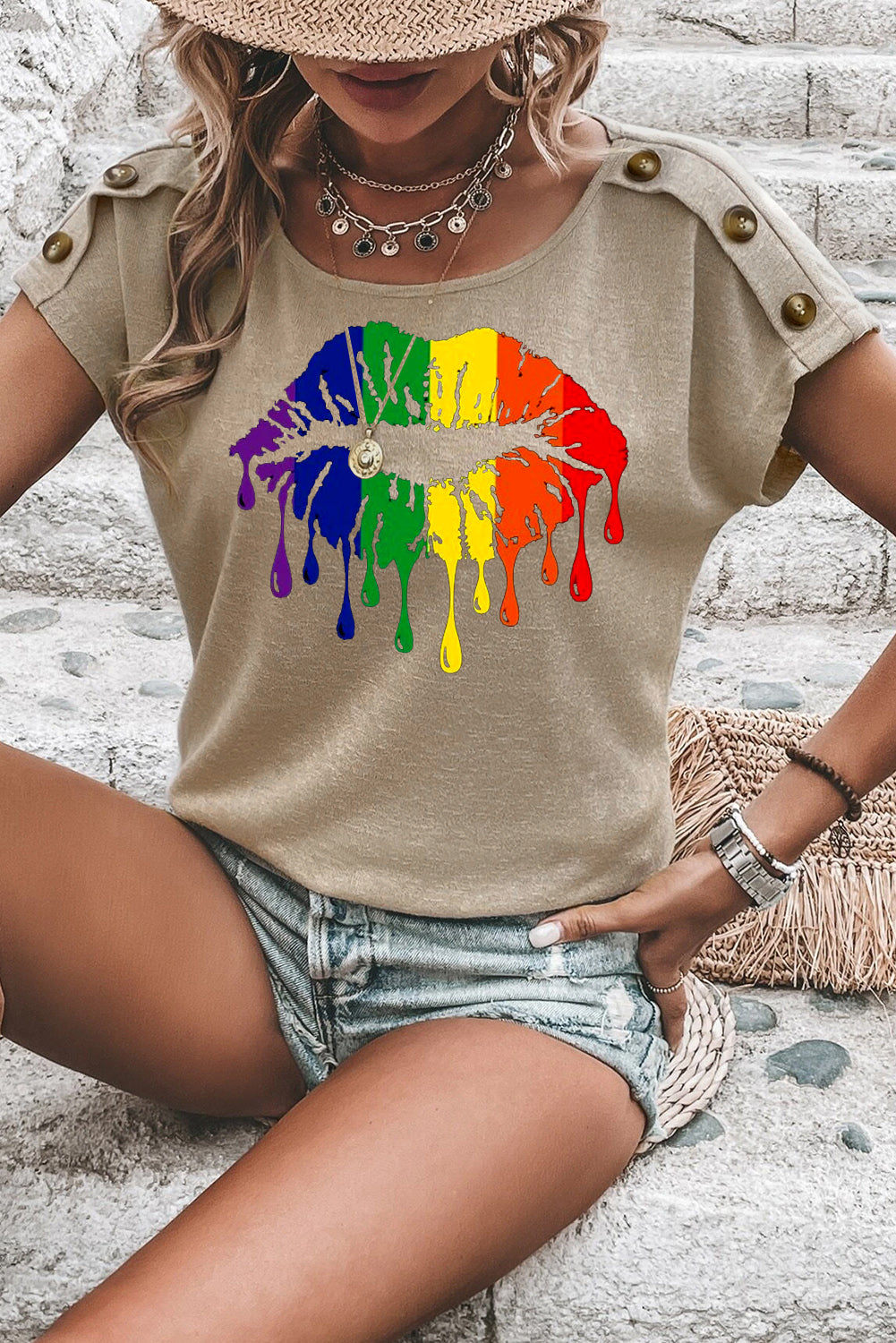 Rainbow Lip Print Button Detail Casual T-Shirt