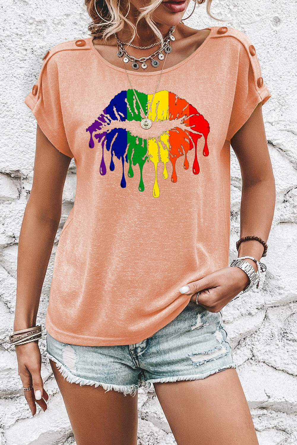 Rainbow Lip Print Button Detail Casual T-Shirt
