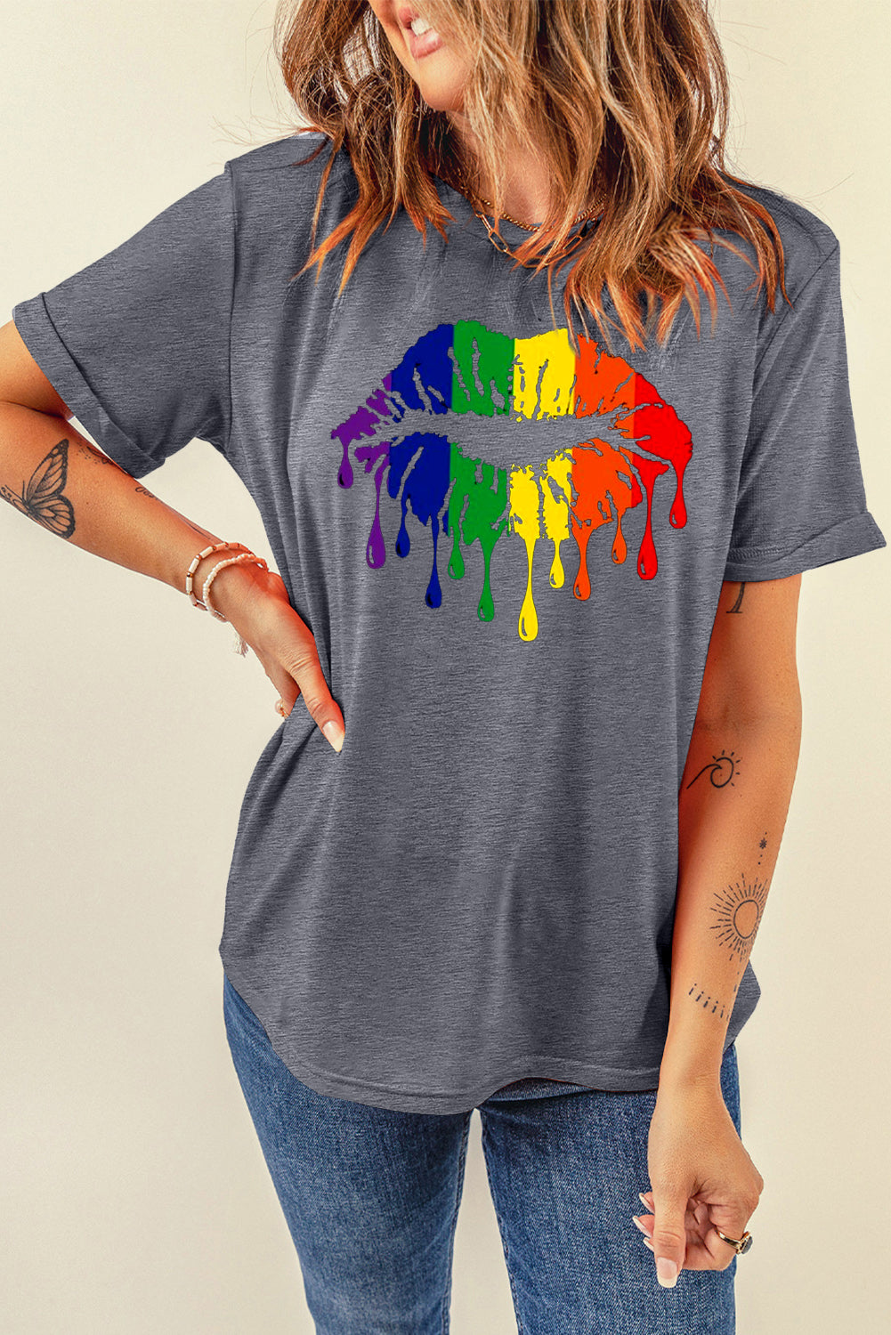 Colorful Rainbow Lip Design Casual Short Sleeve Tee