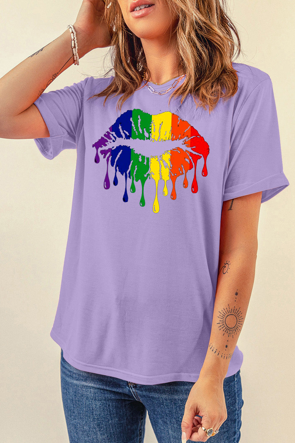 Colorful Rainbow Lip Design Casual Short Sleeve Tee