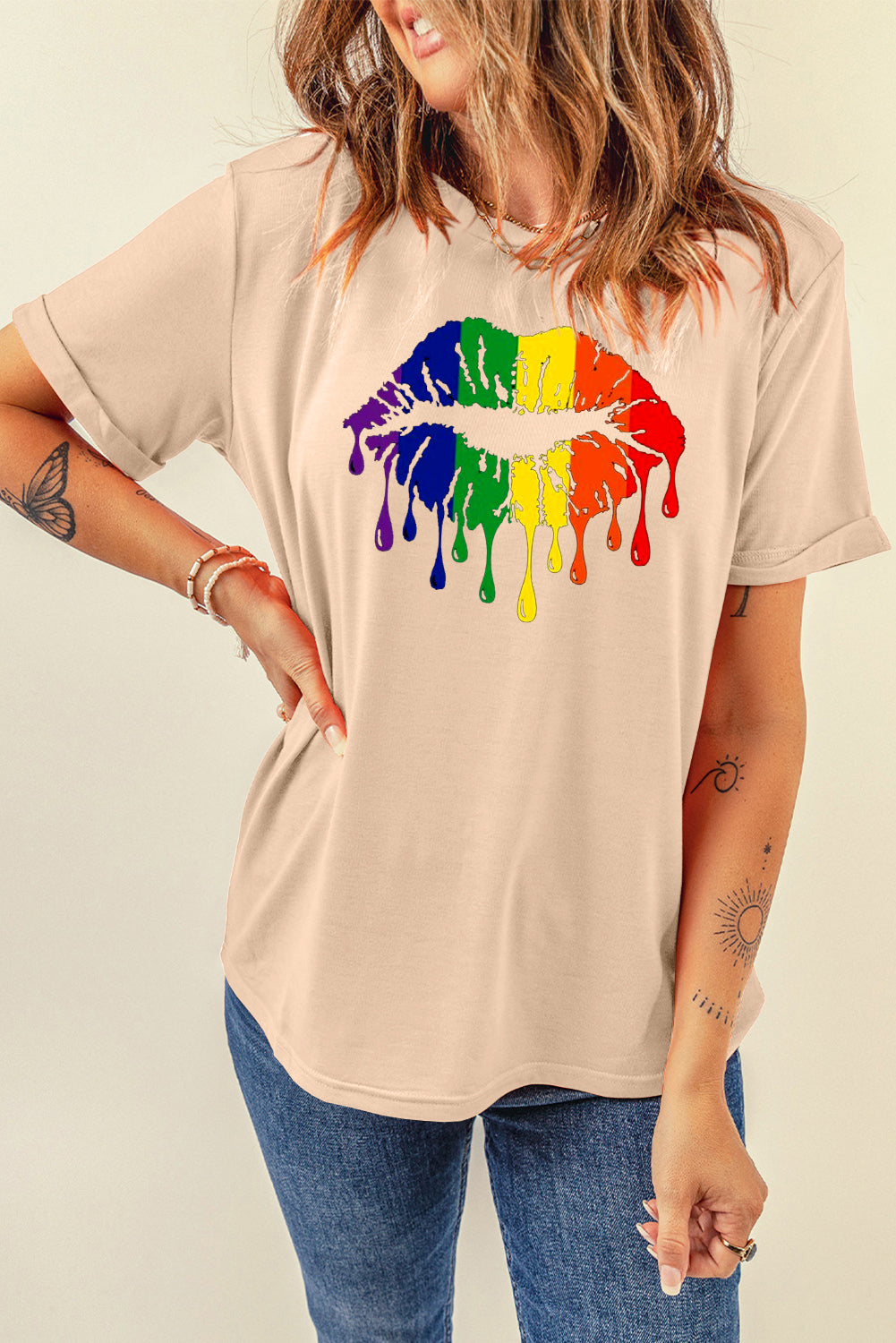 Colorful Rainbow Lip Design Casual Short Sleeve Tee