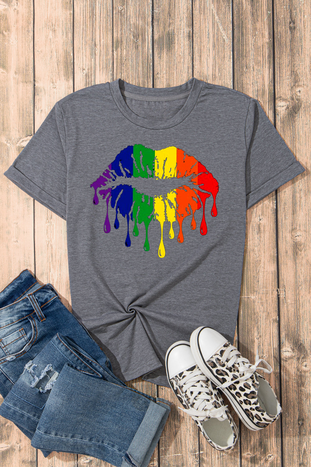 Colorful Rainbow Lip Design Casual Short Sleeve Tee