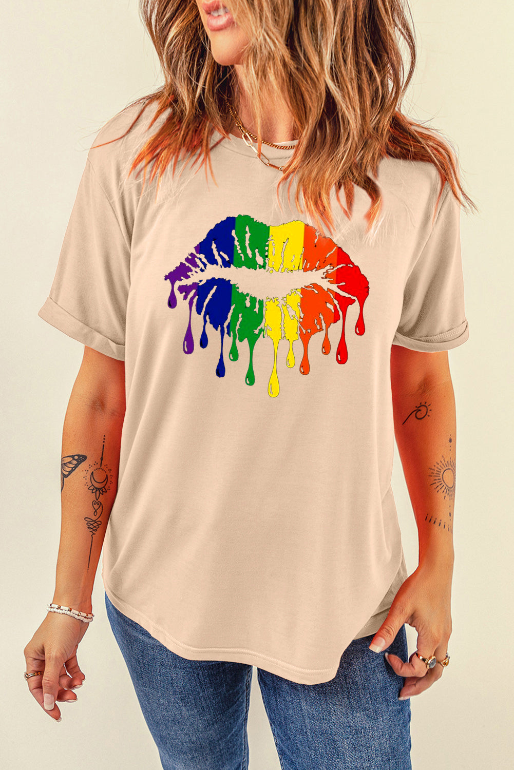 Colorful Rainbow Lip Design Casual Short Sleeve Tee
