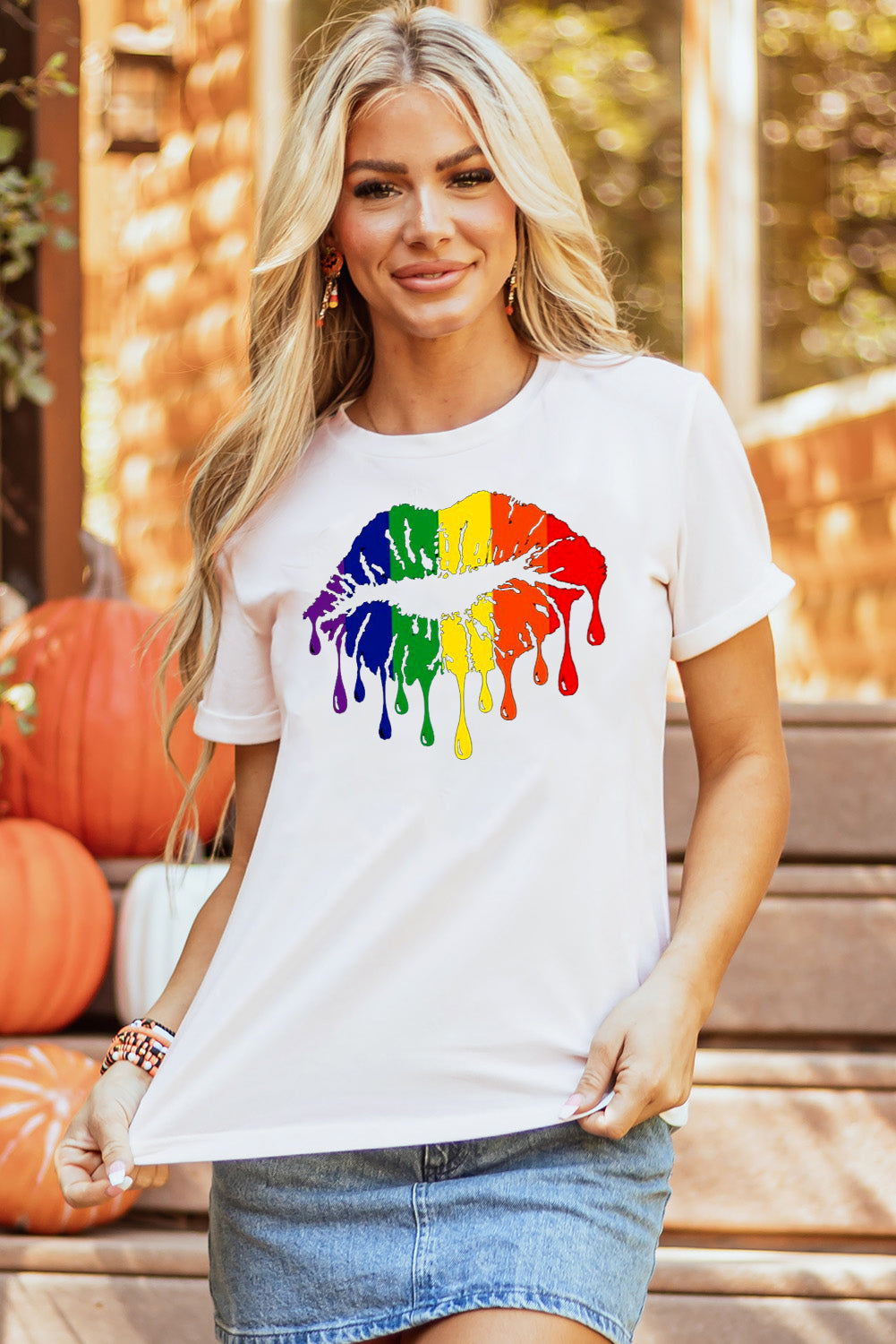 Colorful Rainbow Lip Design Casual Short Sleeve Tee