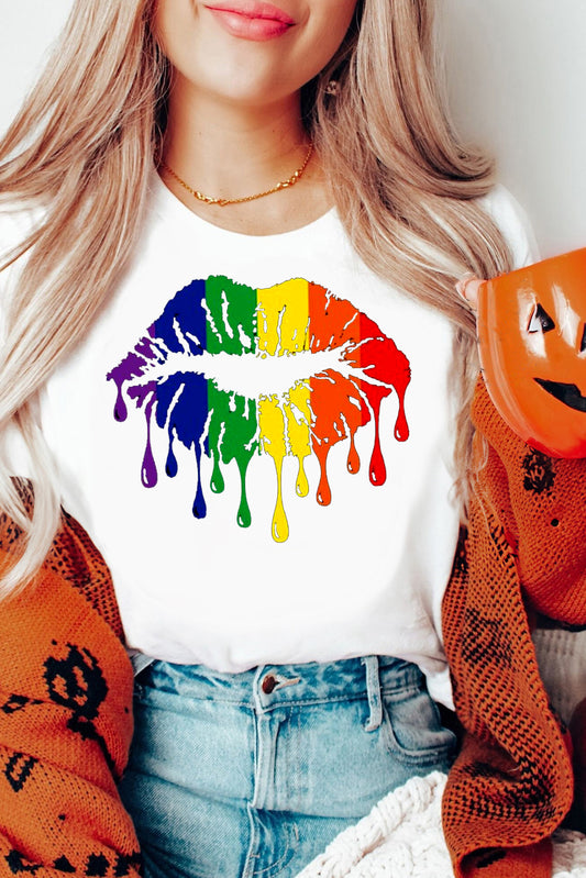Colorful Rainbow Lip Design Casual Short Sleeve Tee