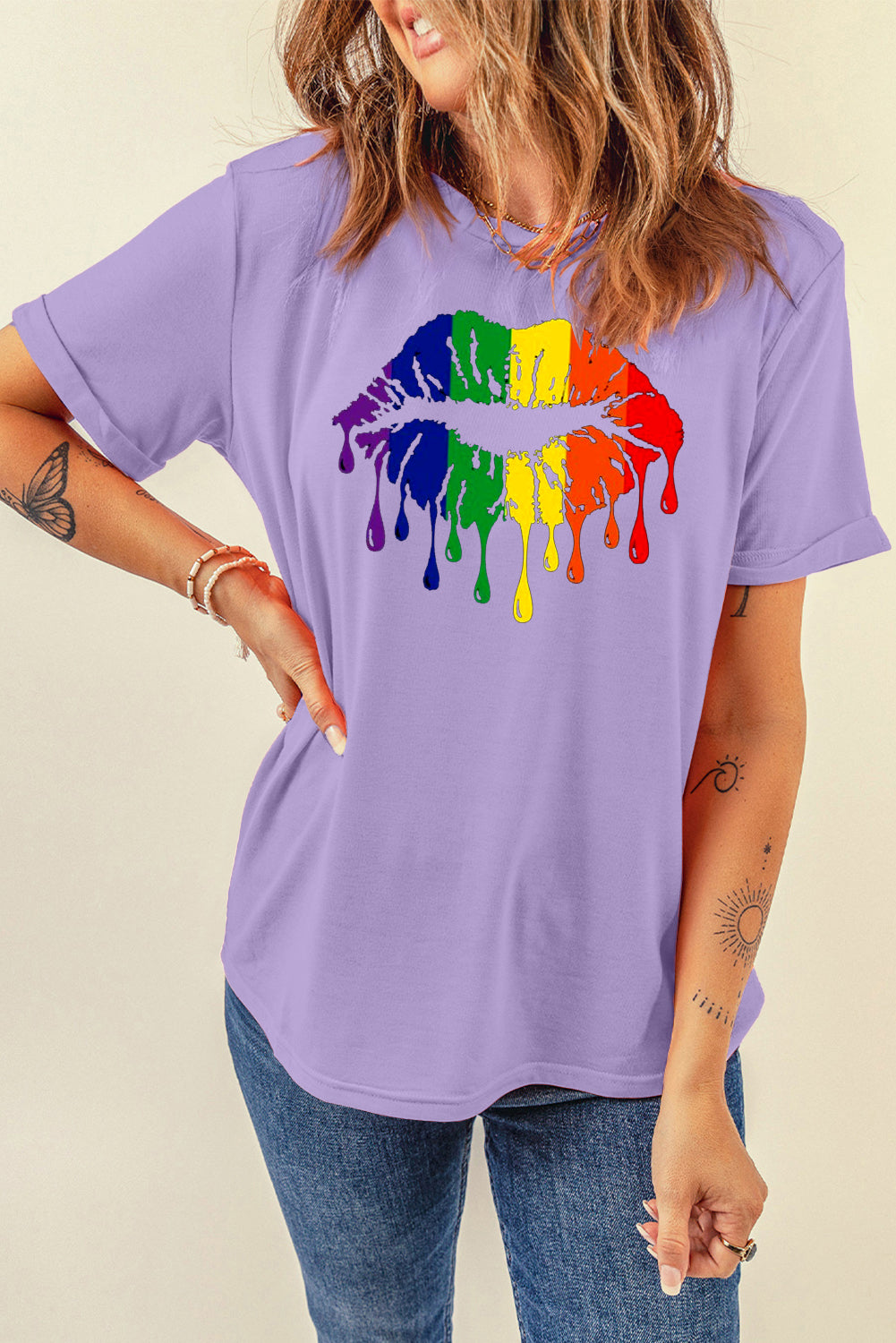 Colorful Rainbow Lip Design Casual Short Sleeve Tee