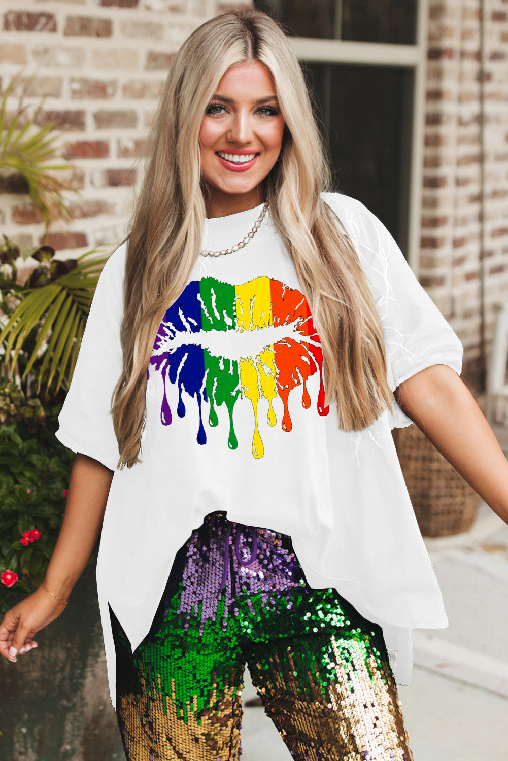 Vibrant Lip Print Casual Loose Fit T-Shirt