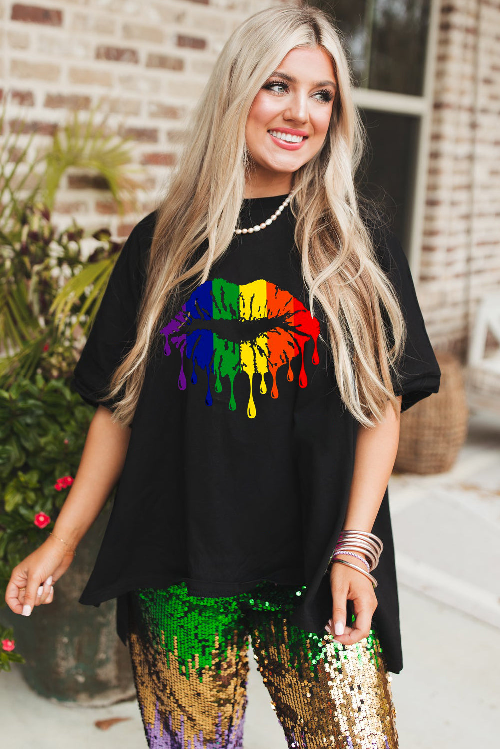 Vibrant Lip Print Casual Loose Fit T-Shirt