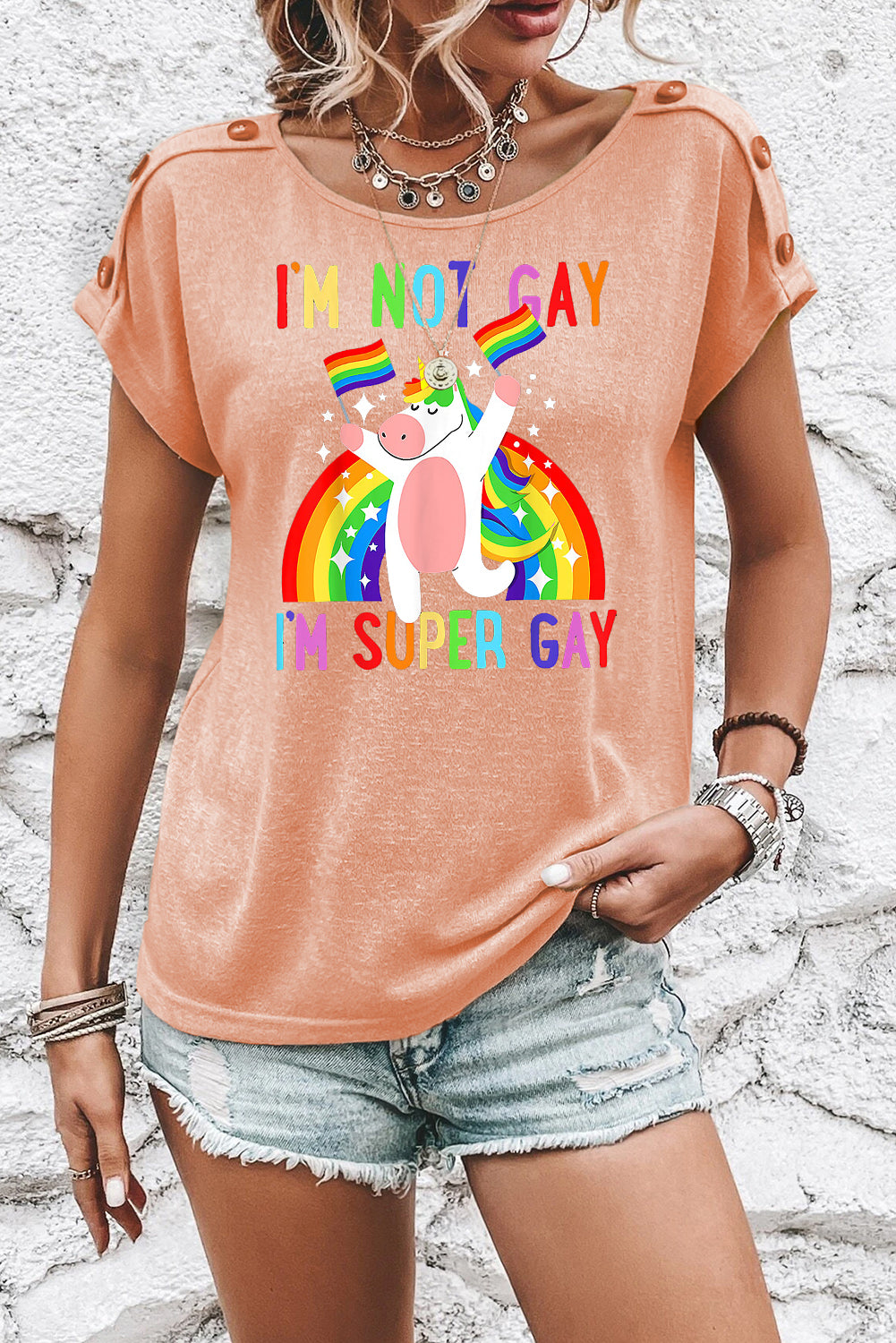 Button Detail Apricot Pink Unicorn Pride Casual Tee