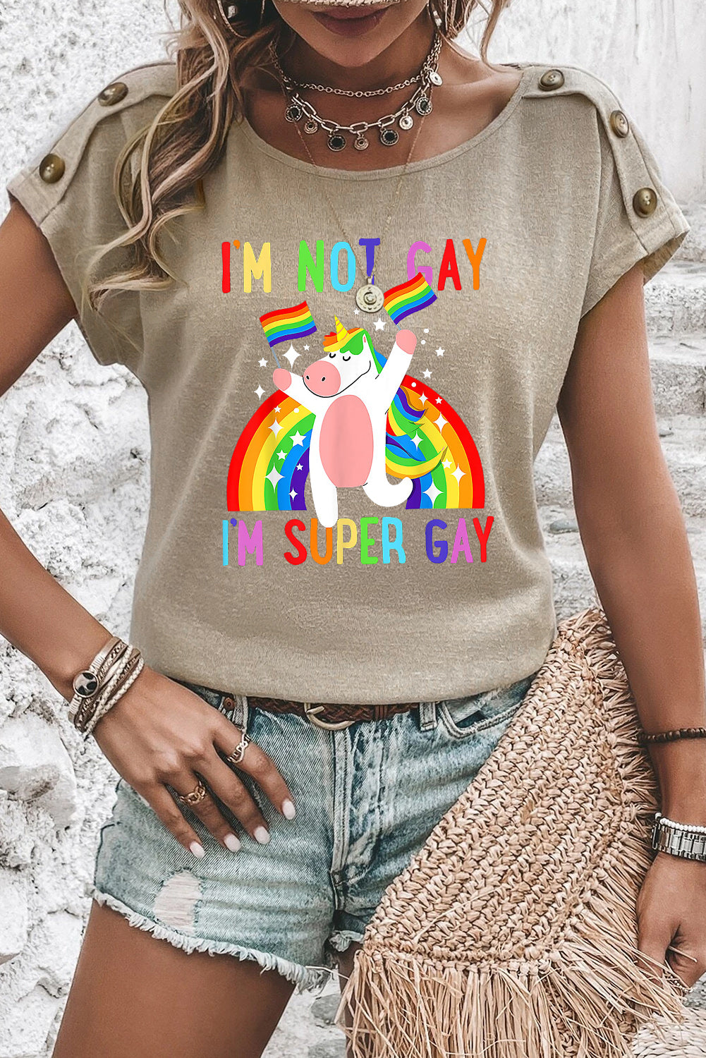 Button Detail Apricot Pink Unicorn Pride Casual Tee