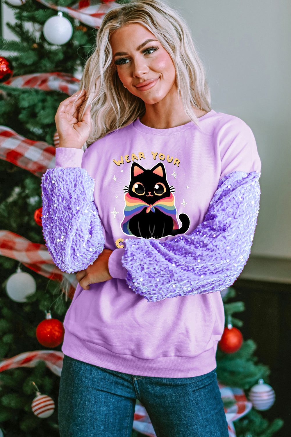 Cute Cat Print White Ruffle Sleeve Casual Top