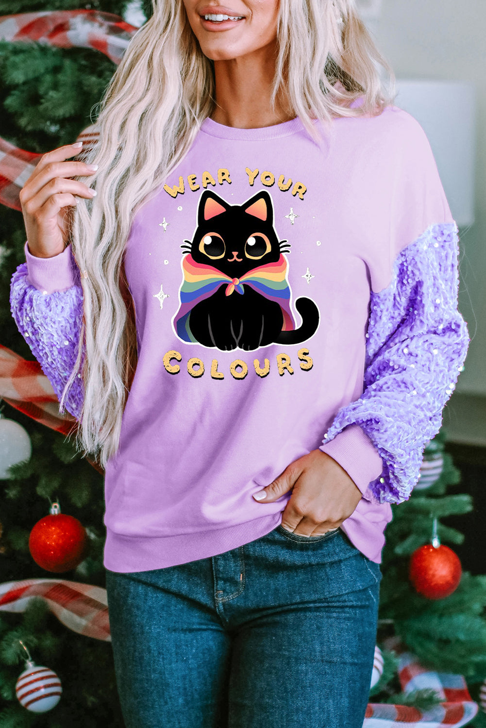 Cute Cat Print White Ruffle Sleeve Casual Top