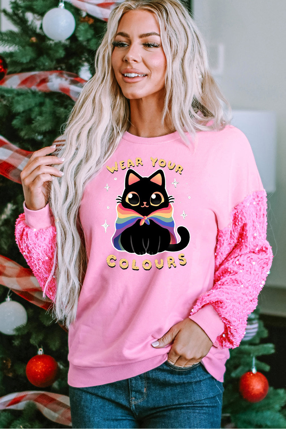 Cute Cat Print White Ruffle Sleeve Casual Top