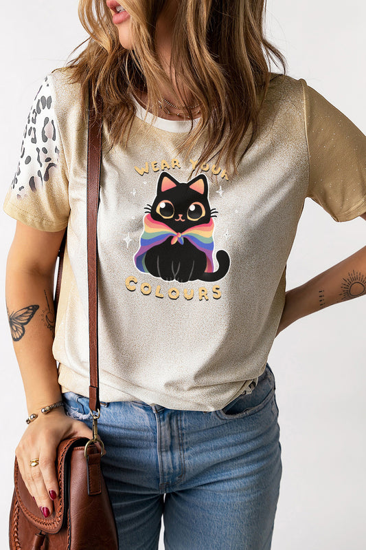 Pink Tie Dye Cat Graphic Casual Short Sleeve T Shirt