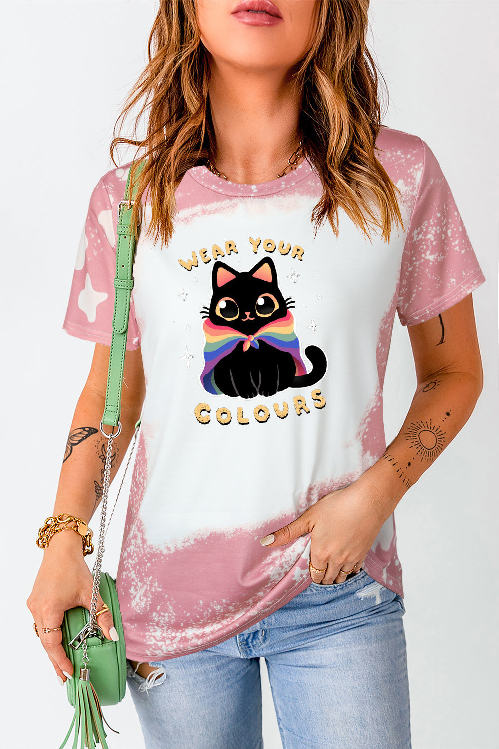 Cute Rainbow Cat Tee with Bleach Wash and Star Sleeves