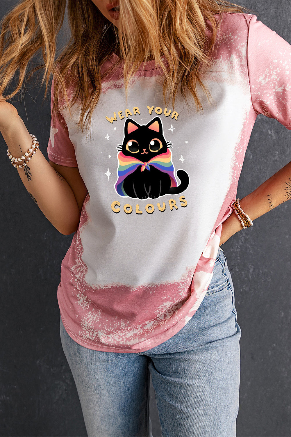 Cute Rainbow Cat Tee with Bleach Wash and Star Sleeves