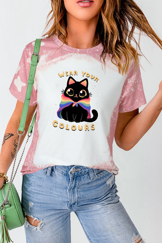 Cute Rainbow Cat Tee with Bleach Wash and Star Sleeves