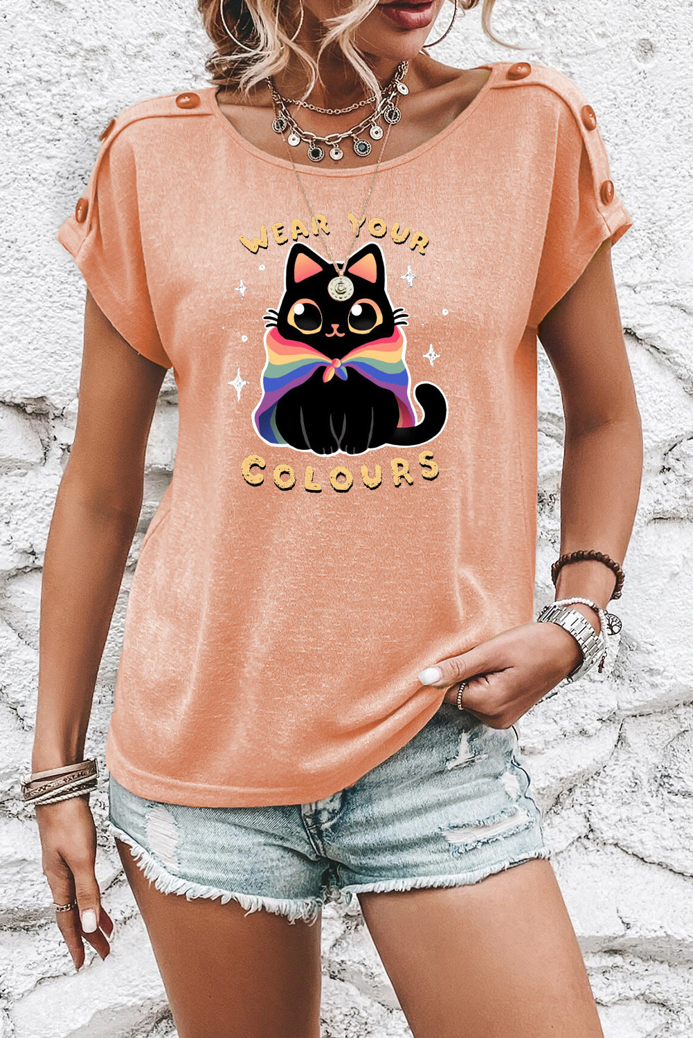Apricot Pink Cat Graphic Tee with Button Shoulder Detail