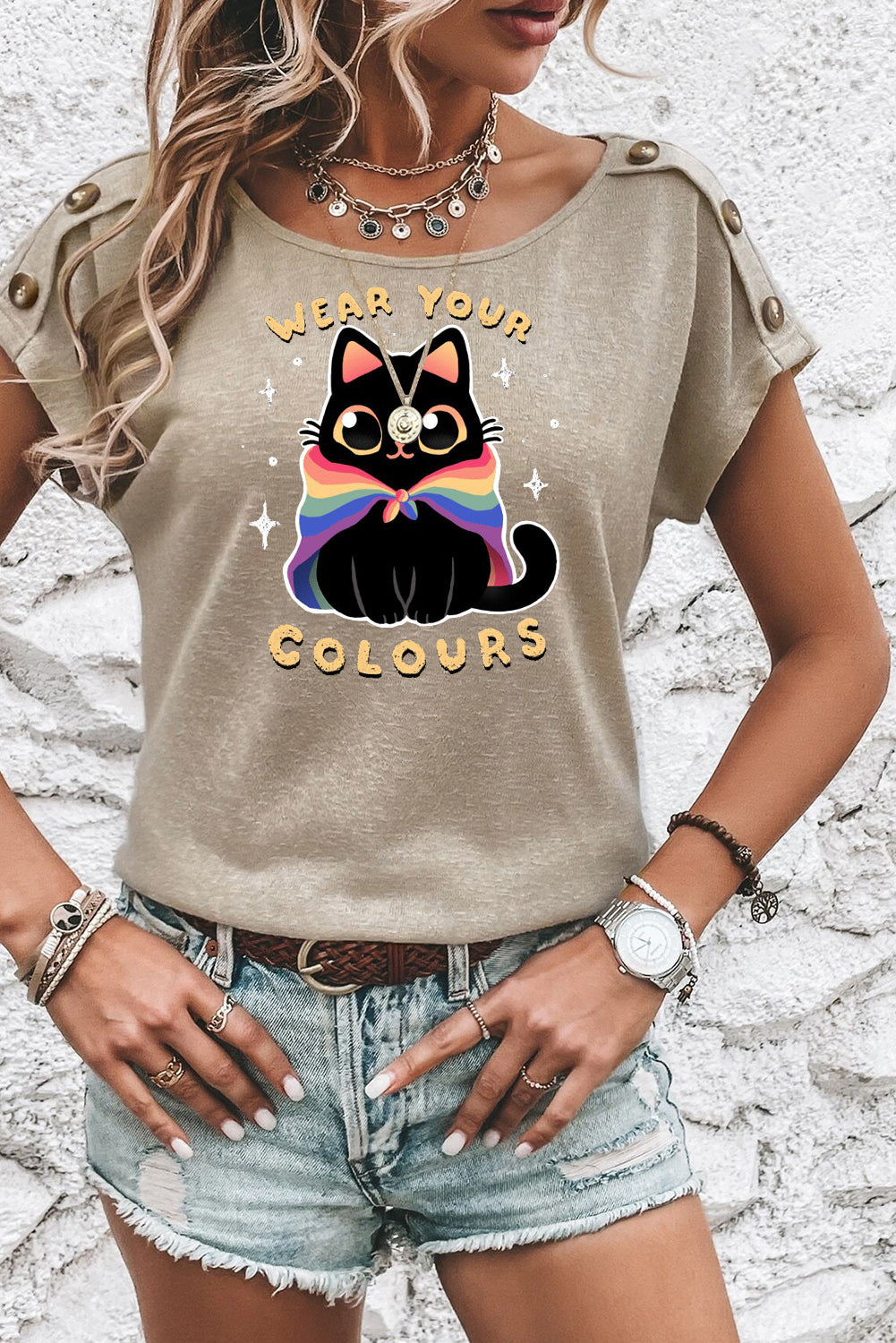 Apricot Pink Cat Graphic Tee with Button Shoulder Detail