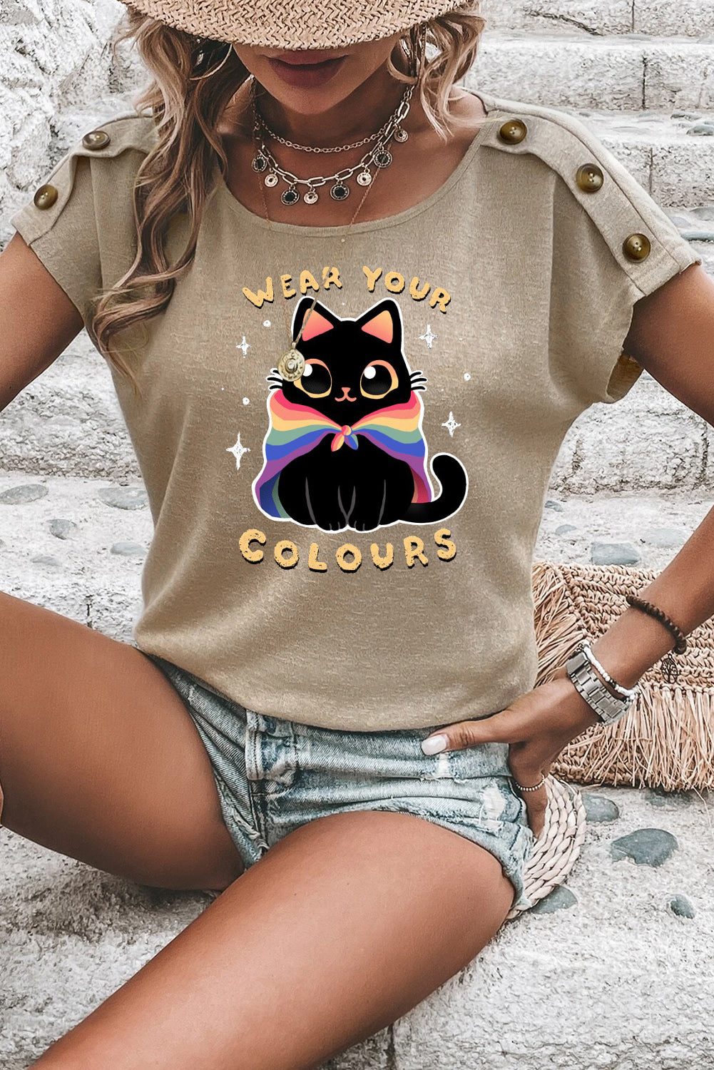 Apricot Pink Cat Graphic Tee with Button Shoulder Detail