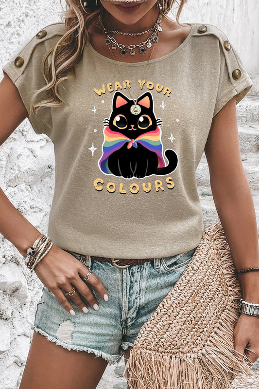 Apricot Pink Cat Graphic Tee with Button Shoulder Detail